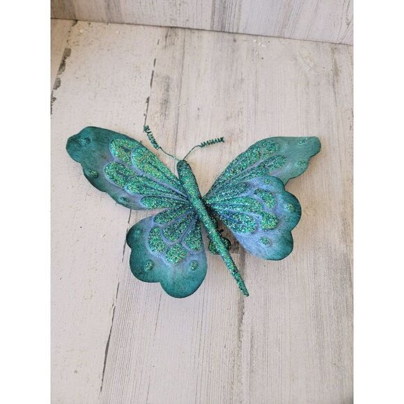 Large blue glitter clip-on butterfly unique ornament Xmas - Picture 1 of 8